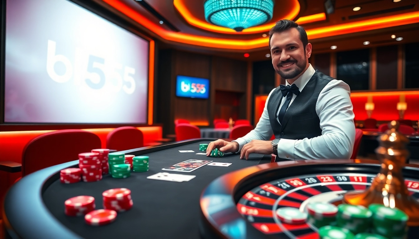 Engaging players at bl555's luxurious online poker table with vibrant chips and cards.