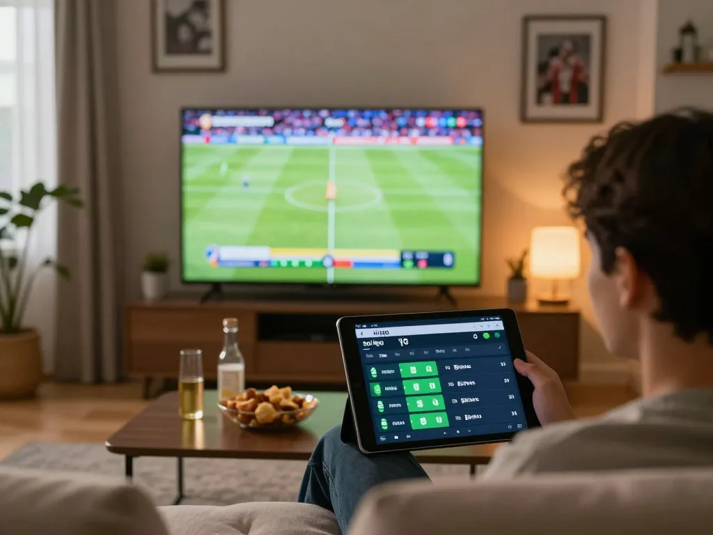 Soi kèo betting strategy displayed on tablet during an exciting sports match at home