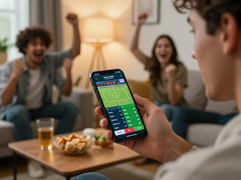 Cheering while placing kèo bóng đá hôm nay bets on a smartphone during a live football match.