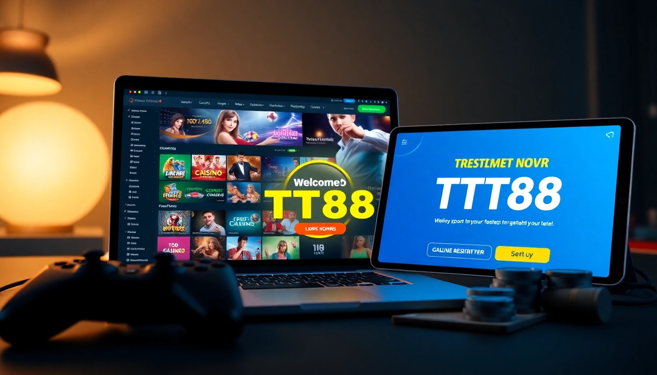 Engaging TT88 online gaming platform showcasing mobile and laptop interface with vibrant casino visuals.