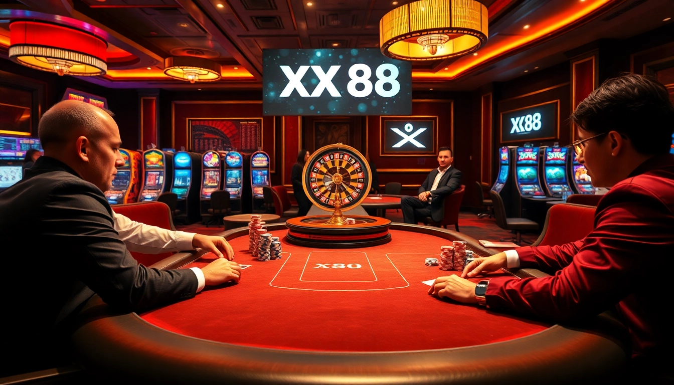 xx88 casino scene showcasing professional poker players and luxurious gaming tables