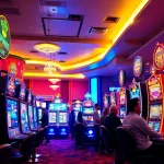 Slot Game dengan mesin slot berwarna cerah dan suasana kasino yang hidup.