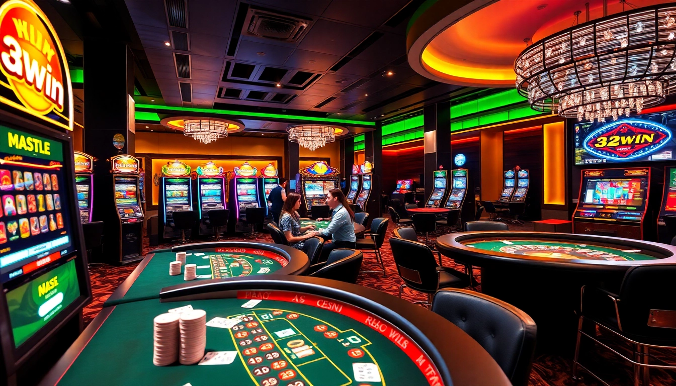 Experience the thrill of playing at 32win with vibrant casino tables, poker chips, and slot machines.