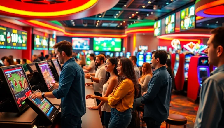 Engaging scene of online Betting with diverse individuals excitedly placing bets in a lively casino environment.