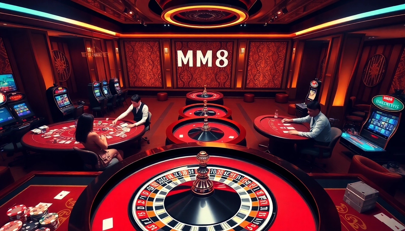 Exciting scene featuring MM88 players at casino tables, engaged in games like poker and roulette.