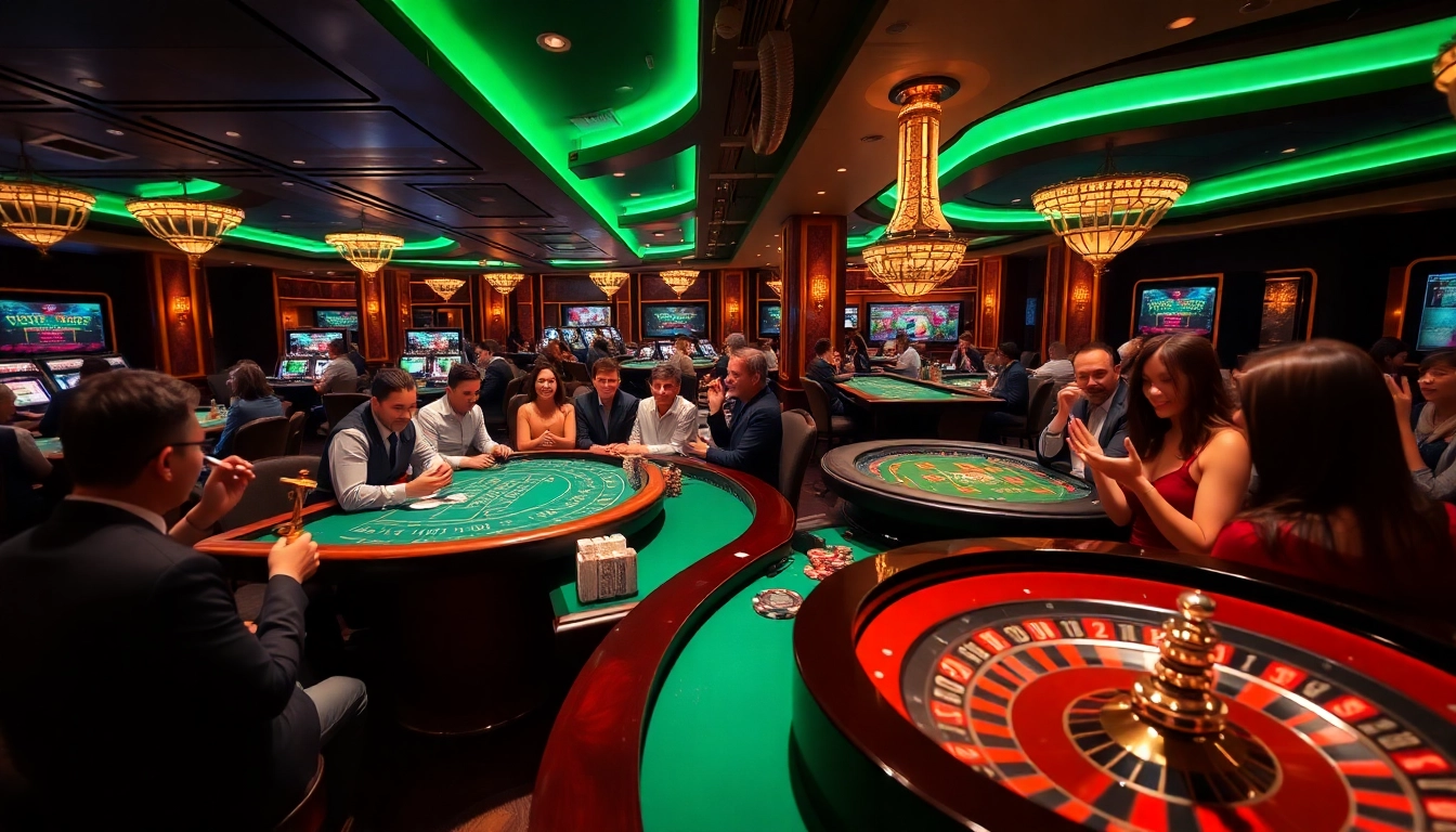 Engaged players enjoying various games at MM88's vibrant casino lounge.