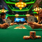 Experience the excitement of Blackjack Casino with focused players at an elegant gaming table.