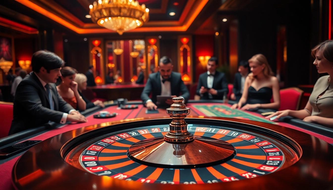 Engaging casino atmosphere with players at a roulette table showcasing vibrant gameplay.