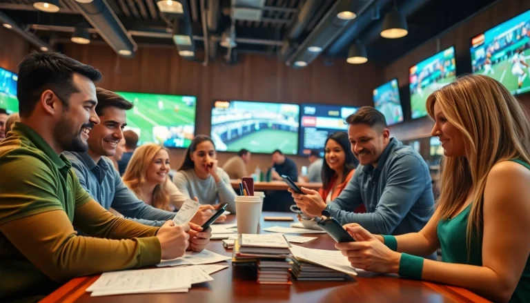 Engage in Sports Betting with lively enthusiasts in a sports bar featuring betting slips and screens.