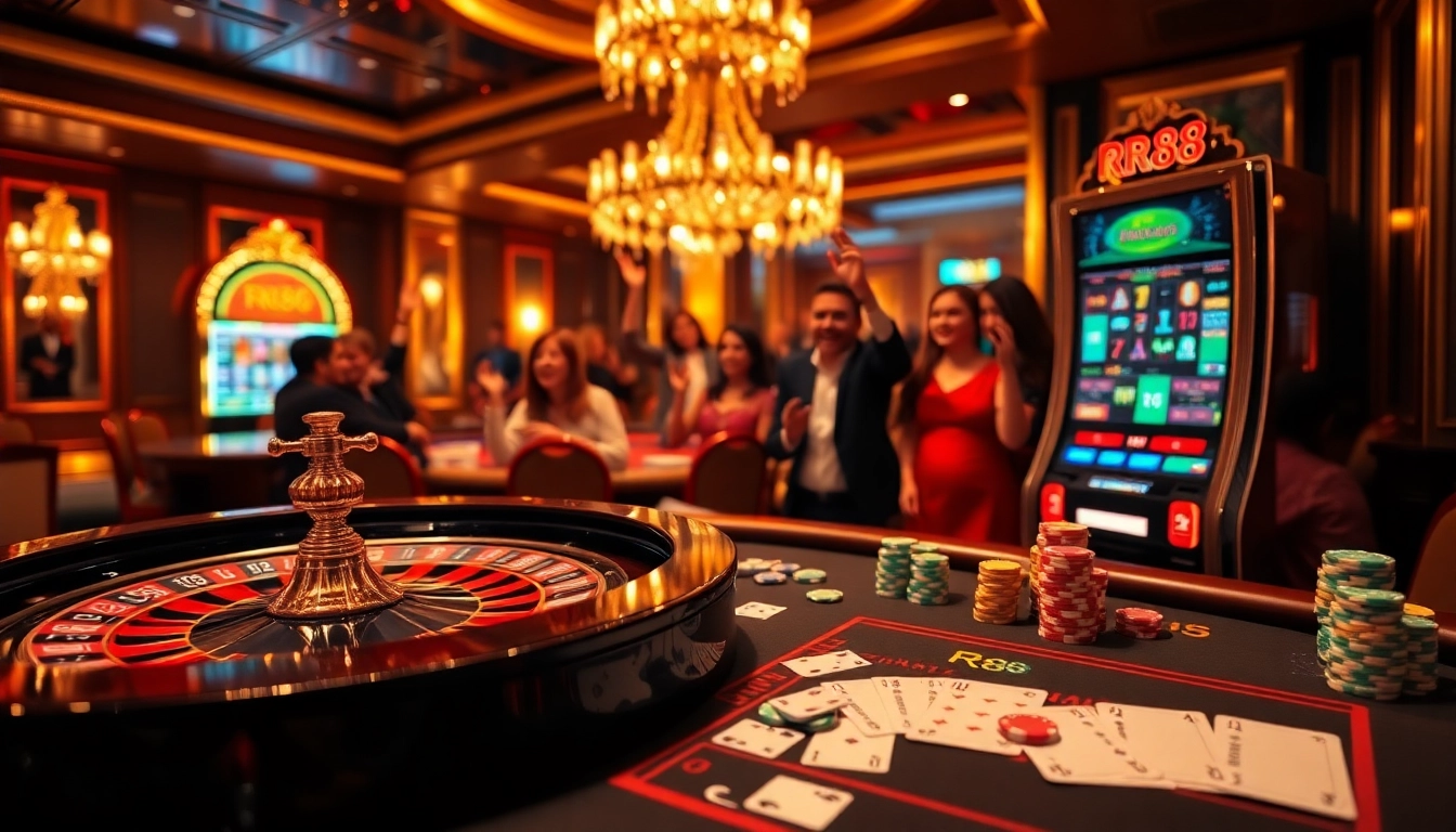 RR88 players celebrating a win at a vibrant, luxurious casino table.