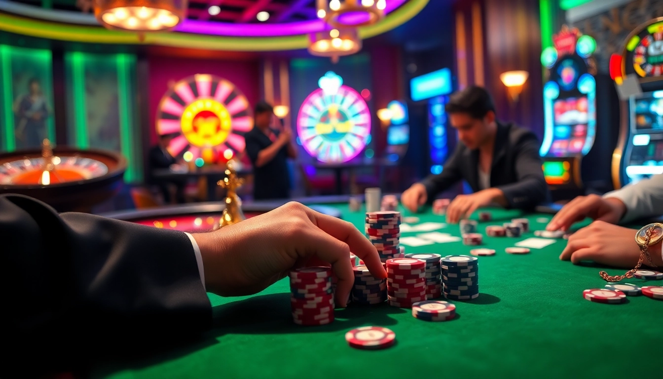 Experience the excitement of poker and gambling at https://w888.poker/ with a luxurious casino scene featuring intense gameplay.