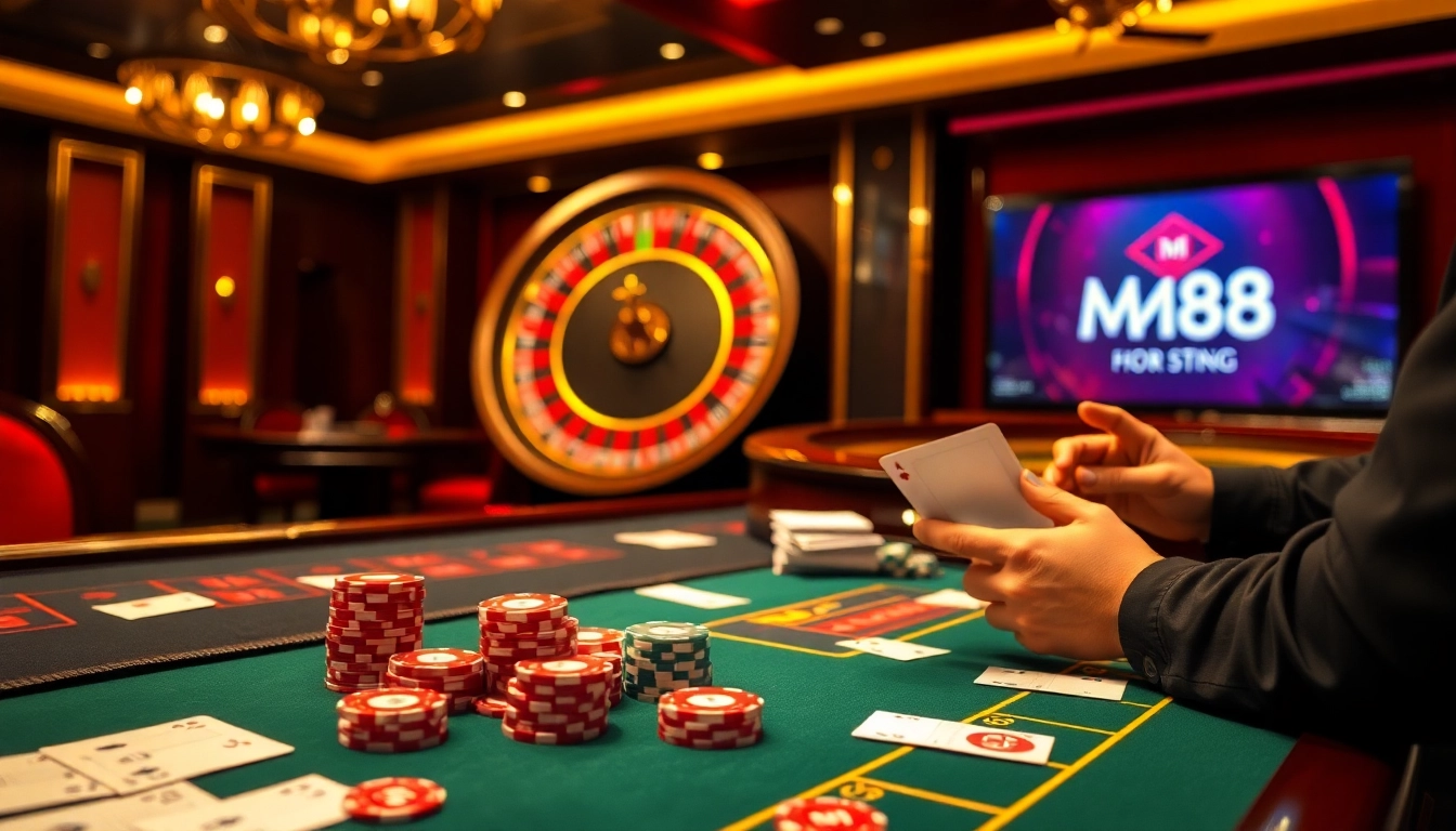 Engage in the exciting world of MM88 with poker chips and a roulette wheel in a luxury casino scene.