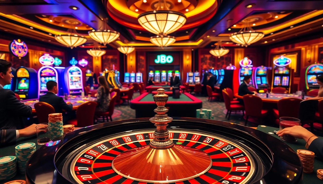 Players enjoy an exhilarating game at a luxurious casino table featuring jbo poker chips.
