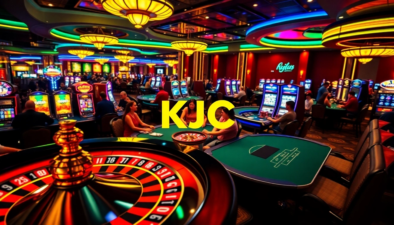 KJC casino players strategizing at a vibrant poker table with a roulette wheel, capturing excitement.