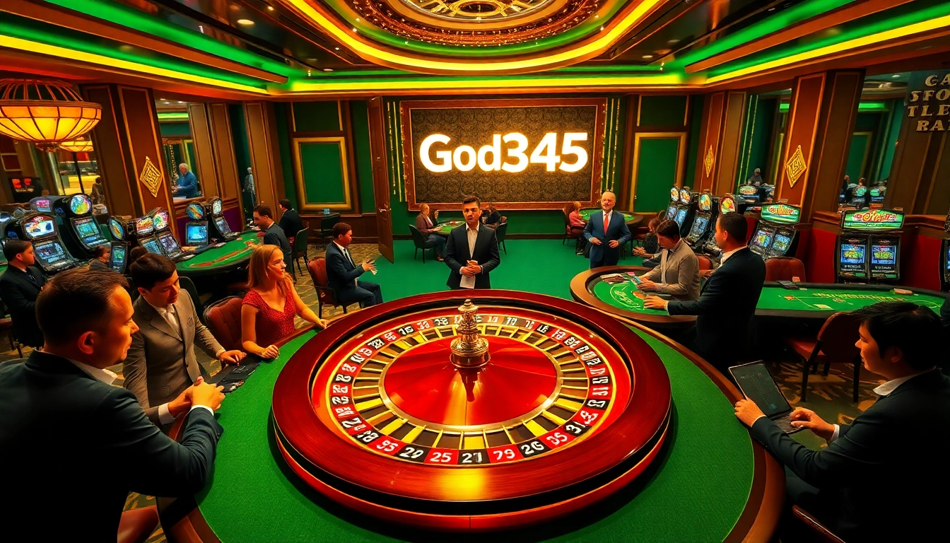 Gamblers enjoying a thrilling casino atmosphere with God345 logo among cards and roulette wheels.