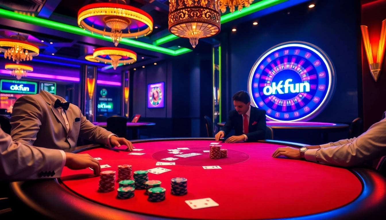 Experience excitement at Okfun casino with a luxurious poker table, glowing roulette wheel, and vibrant chips.