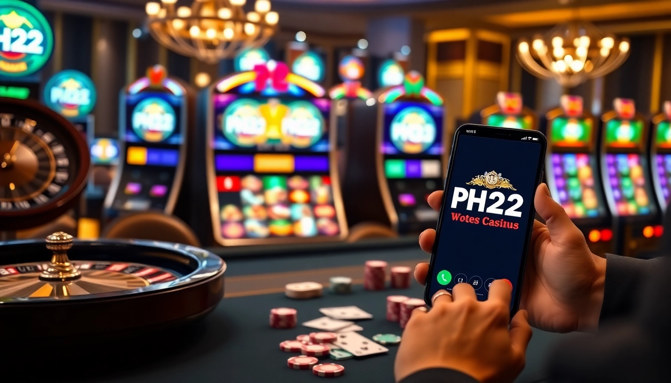 Engaging gameplay at PH22 casino with poker chips and colorful slot machines.
