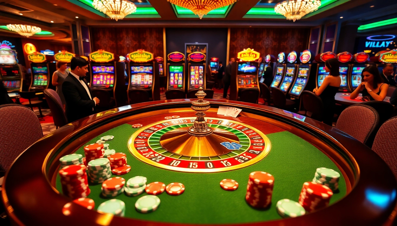 Experience the excitement at Hello88 with a luxurious casino scene featuring roulette, poker chips, and vibrant slot machines.