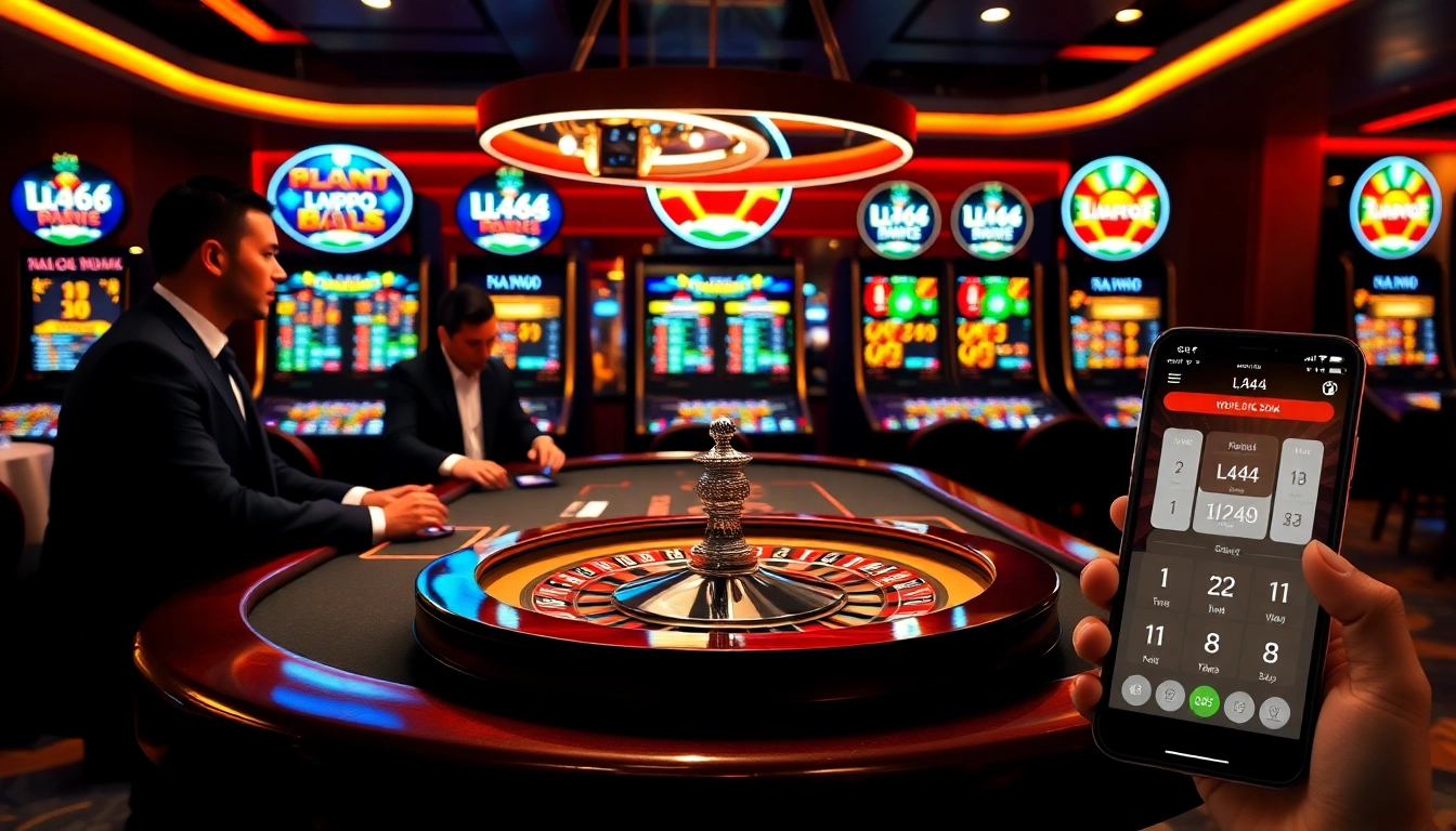 Exciting casino scene featuring L444 online betting with vibrant slot machines and professional dealers.