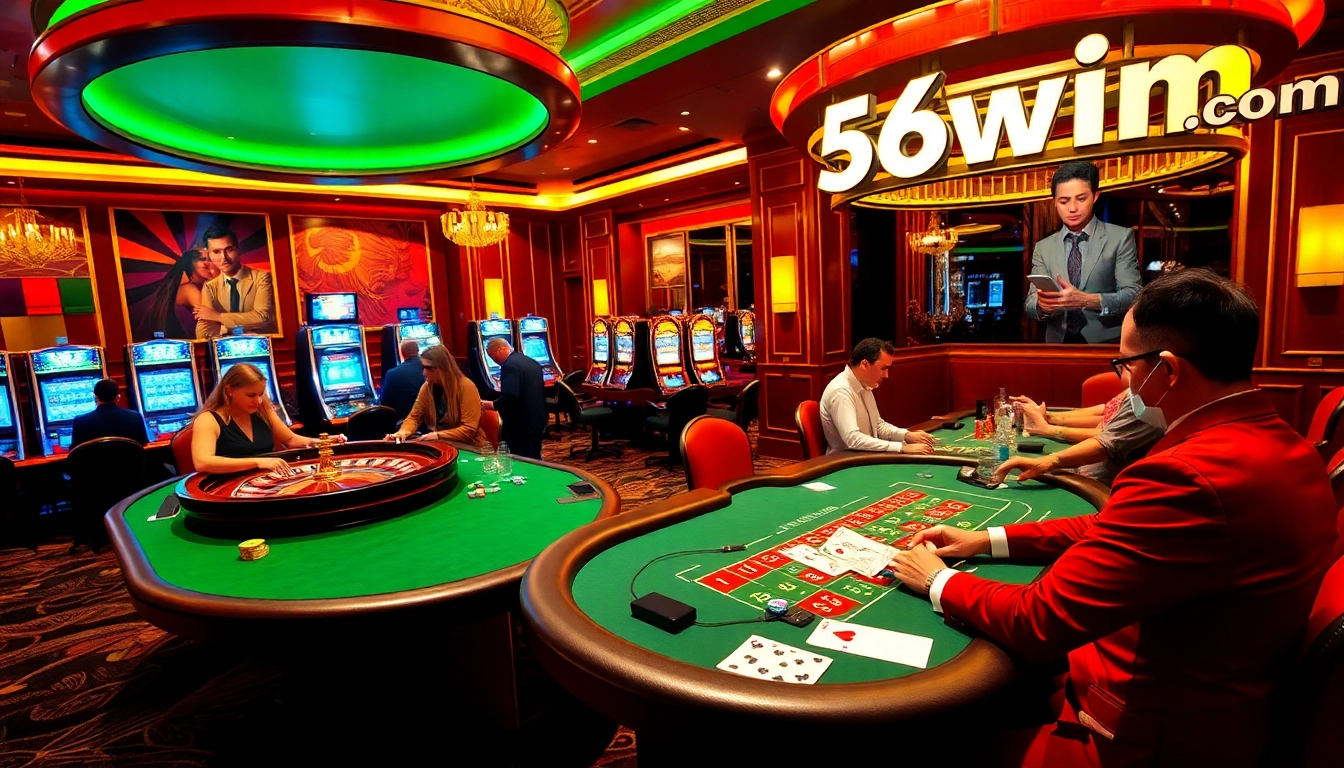 A dynamic scene at a casino showcasing players at roulette and blackjack tables, highlighting the excitement of 56win com gambling.
