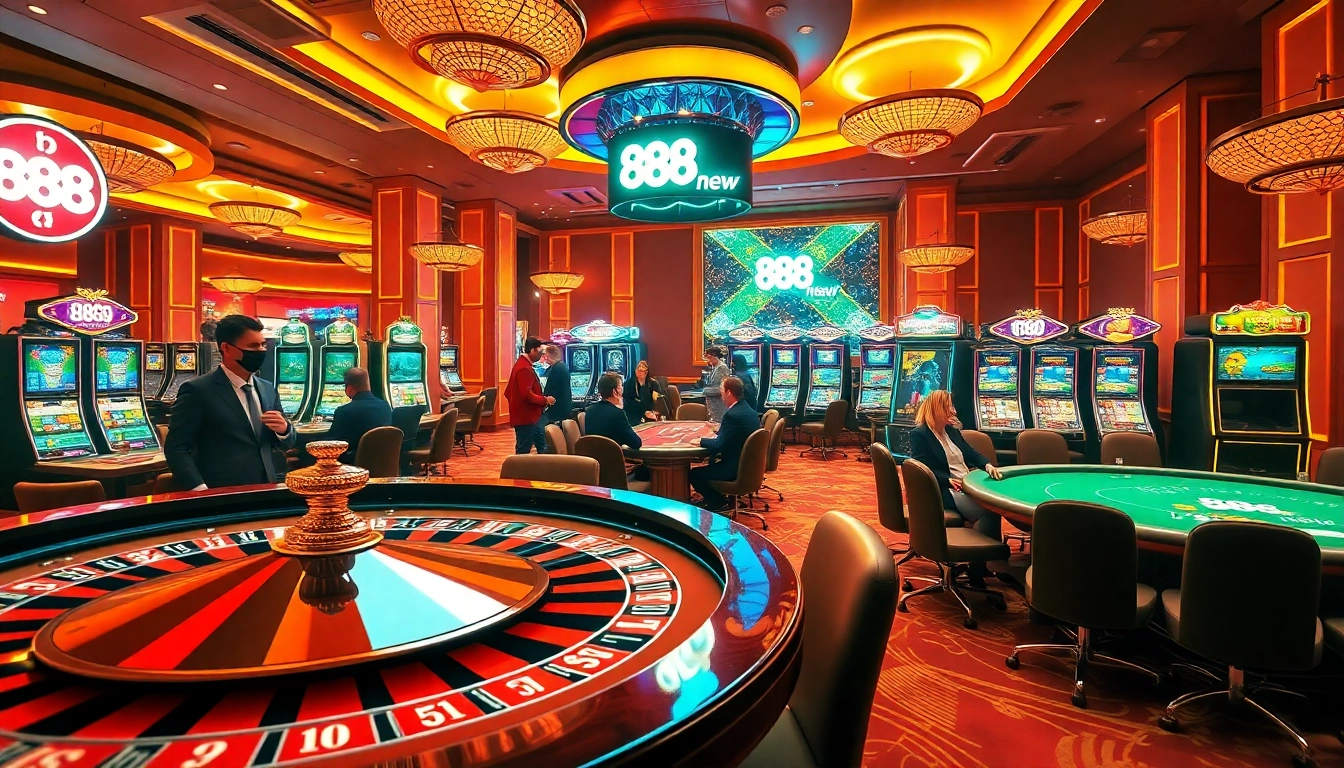 Exciting casino floor scene featuring gameplay at 888 new with vibrant tables and slot machines.