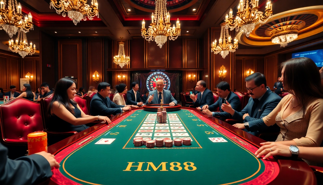 Experience the excitement of a thrilling HM88 casino poker game with elegant tables and enthusiastic players.