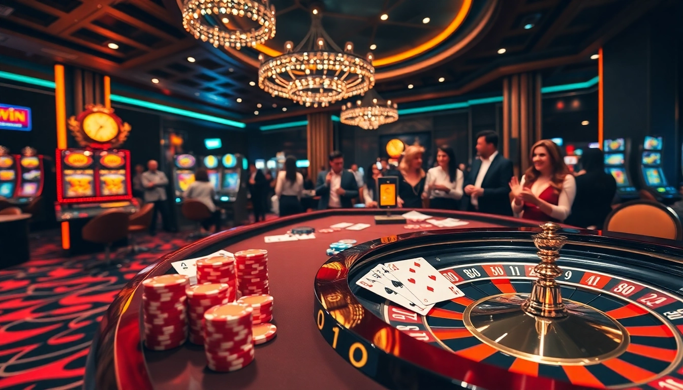 Players enjoying action-packed games at 13win's luxurious casino, featuring poker chips and vibrant decor.