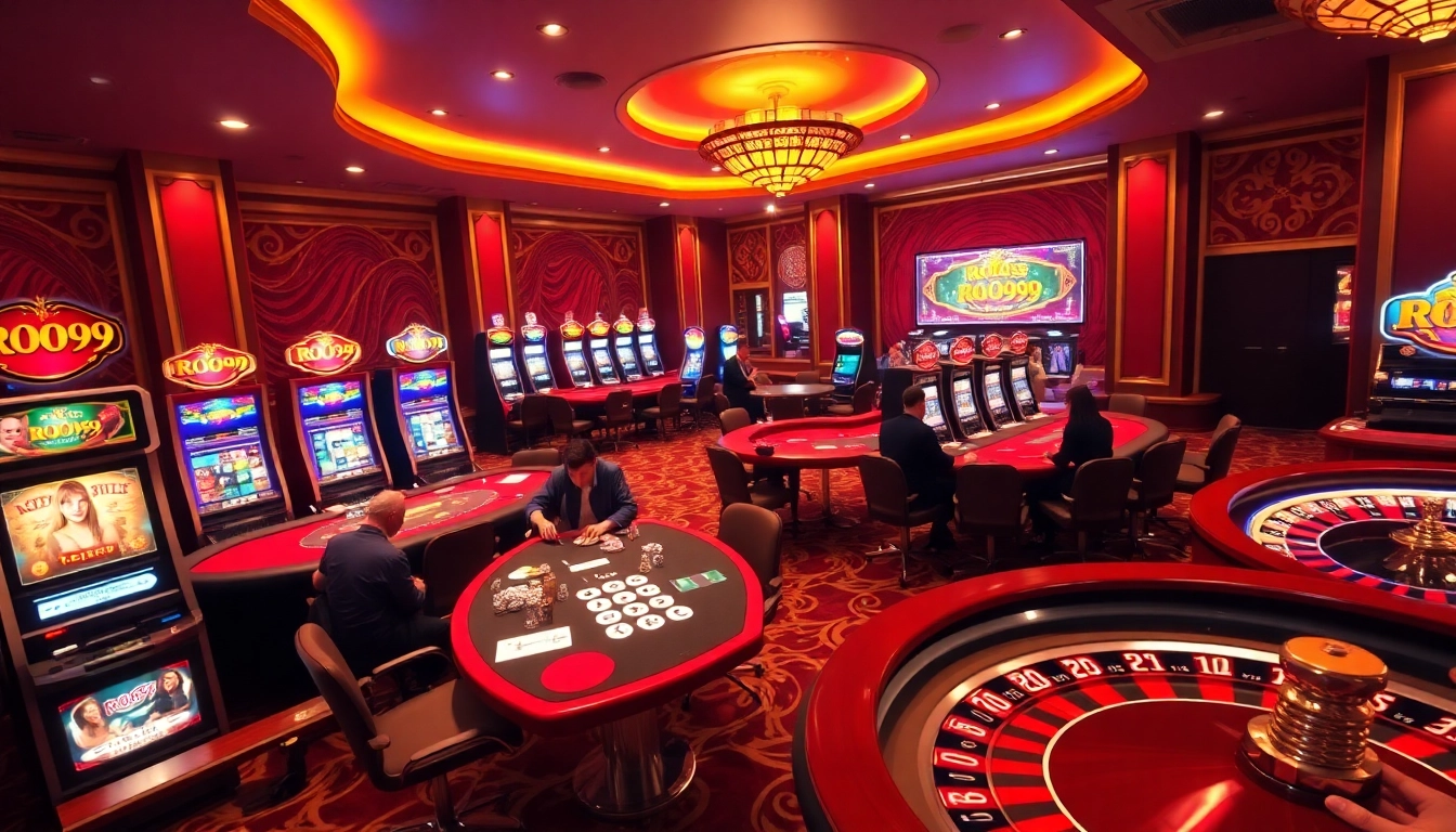 Experience the thrill of Roo99 as players engage at luxurious casino tables with vibrant decor.
