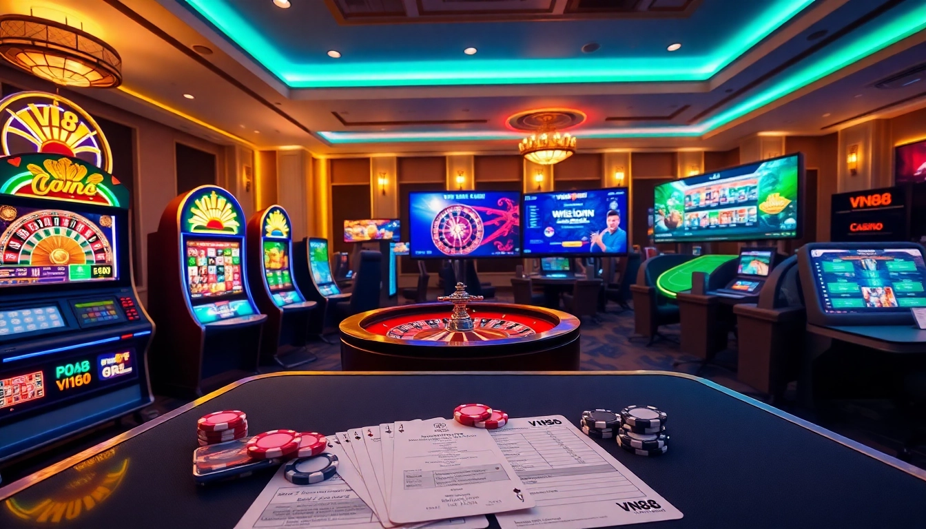 Players engage in exciting VN88 online gambling with vibrant slots and luxurious themes.