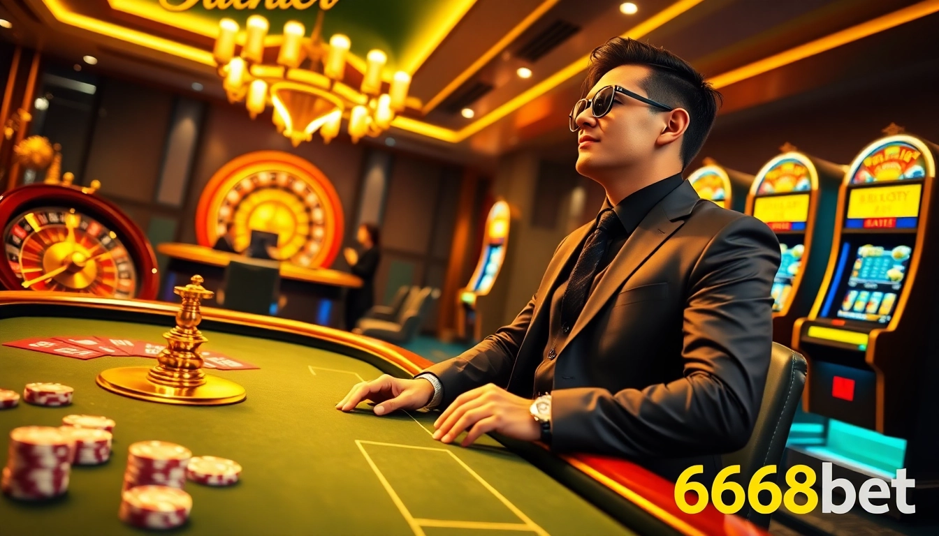 Experience the excitement of 6666bet with a luxurious casino scene filled with vibrant games.