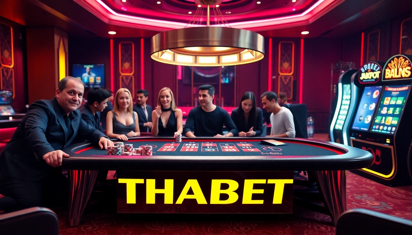 Players enjoying a thrilling game at a THABET casino table with vibrant poker chips and a roulette wheel.