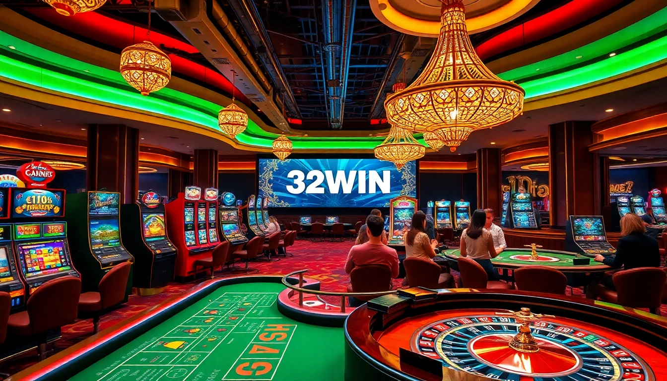 Experience the excitement of gambling at 32WIN with a luxury casino atmosphere, featuring tables and slot machines.