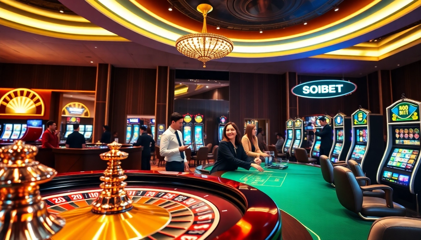 Experience the thrill of gaming at SOIBET with vibrant roulette wheels and lively players.