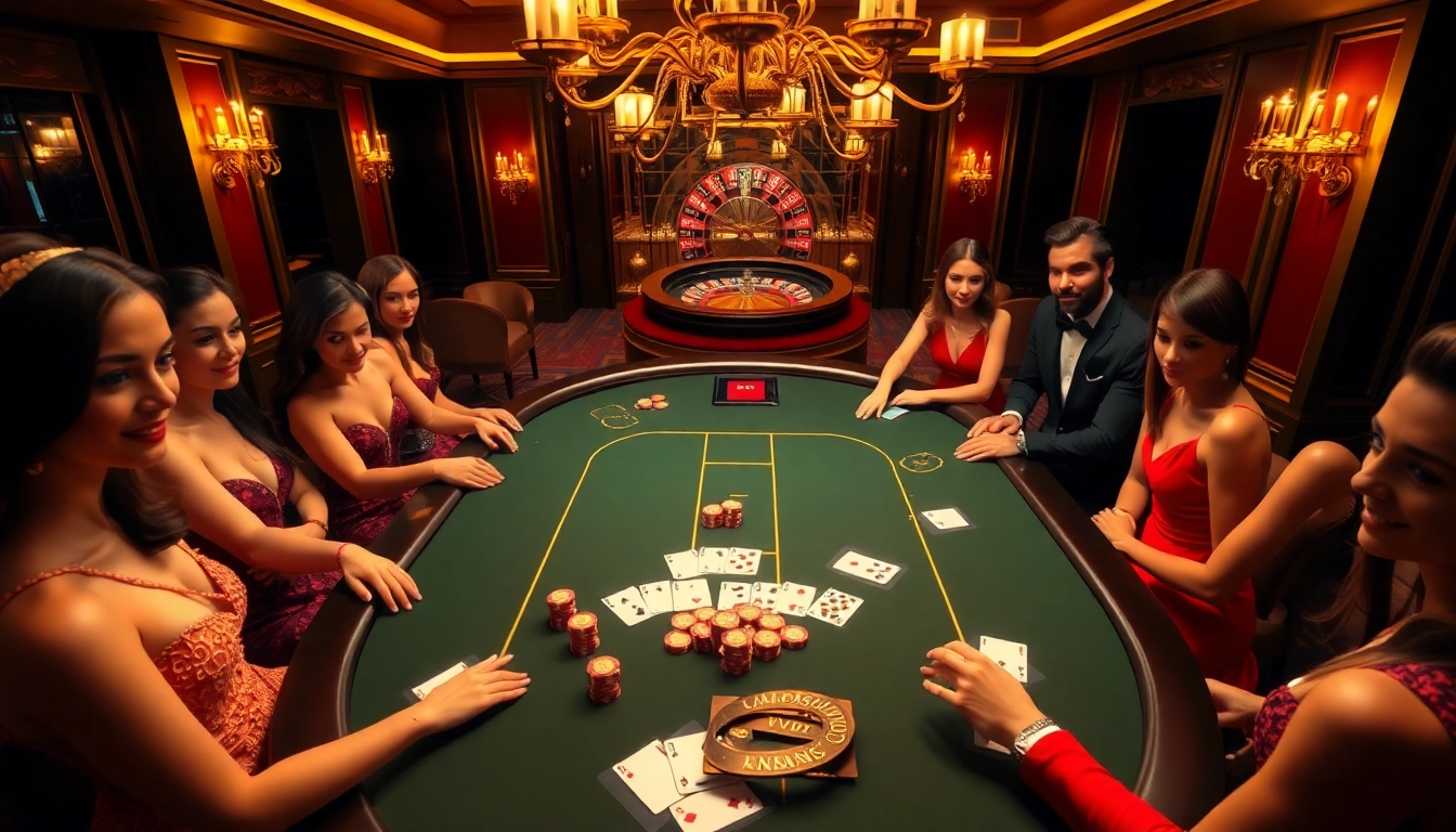 Vmax poker players strategizing at a luxurious casino table filled with chips and cards.