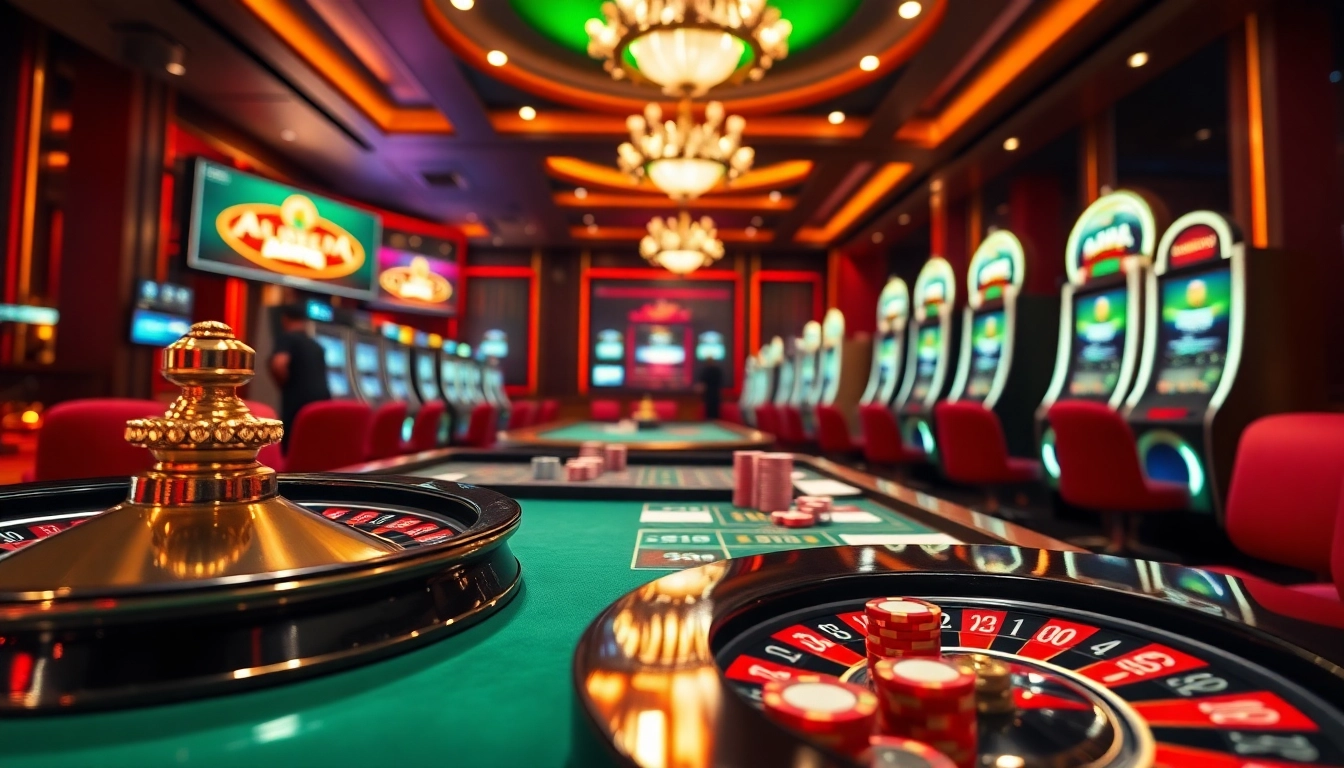 Players enjoying thrilling games at https://lucky88vi.net, featuring an engaging casino atmosphere with vibrant slot machines and roulette.