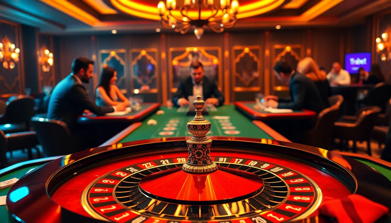 Engage in thrilling casino games at THABET, featuring elegant roulette tables and vibrant poker action.