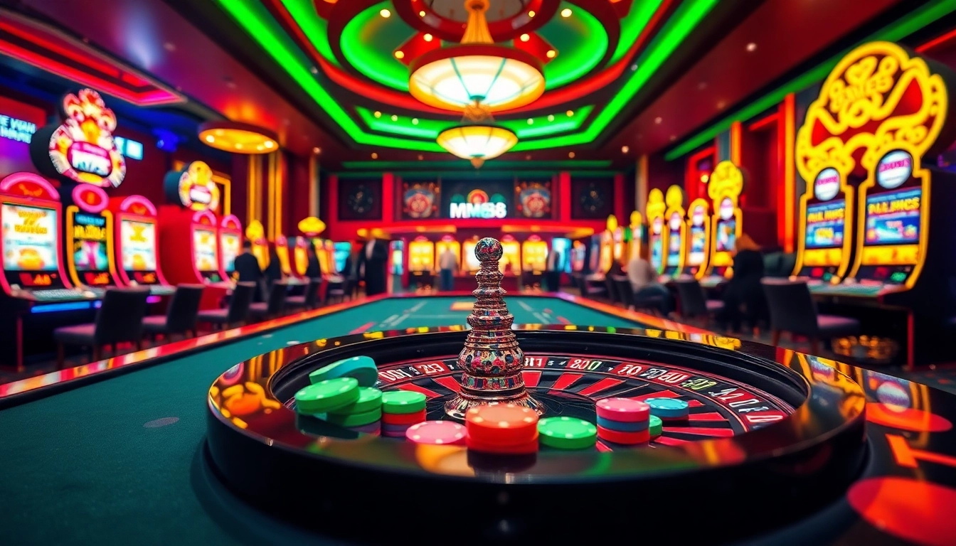 Exciting casino scene at MM88 with players at roulette and vibrant slot machines.
