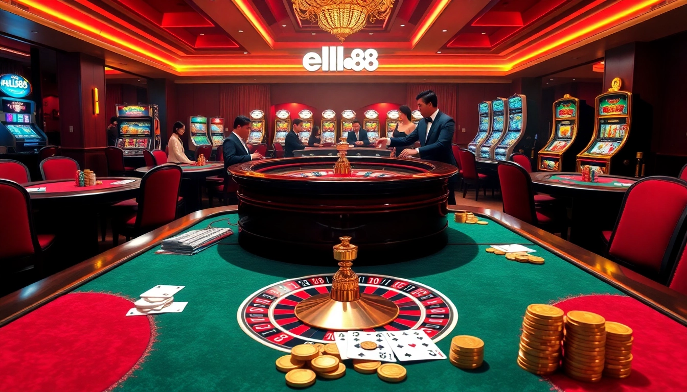 Hello88 gaming scene featuring a roulette wheel, poker tables, and engaged players enjoying a casino experience.