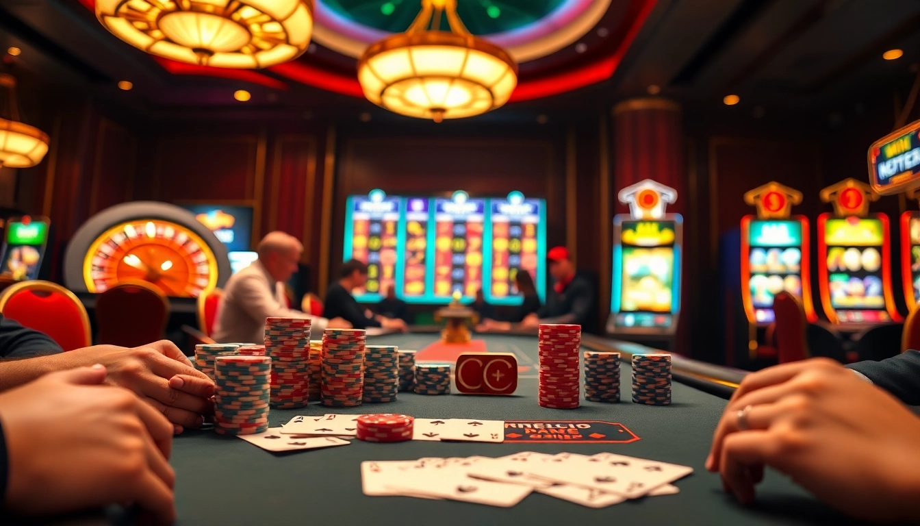 A high-stakes poker scene in a luxury casino representing KJC's vibrant gambling environment.
