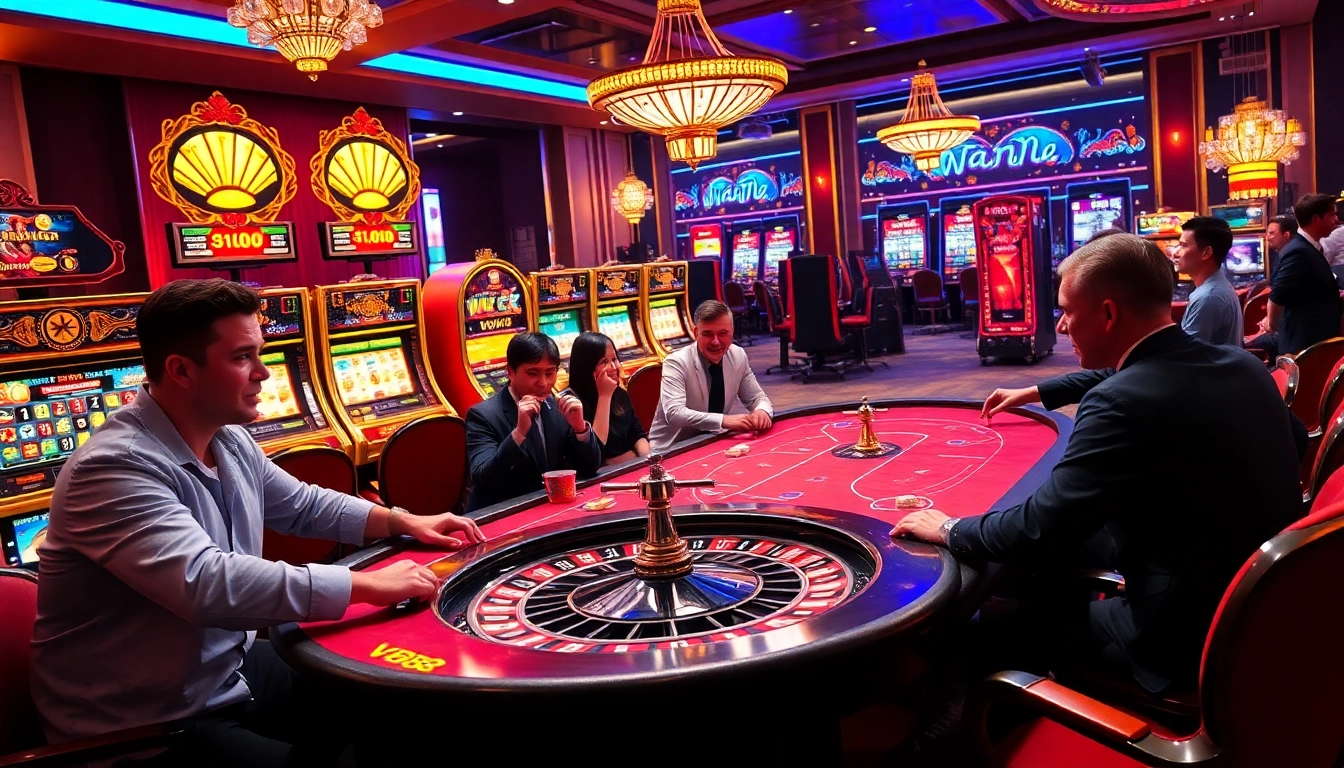 Experience thrilling gameplay at Vb88 with vibrant casino visuals of poker and roulette.