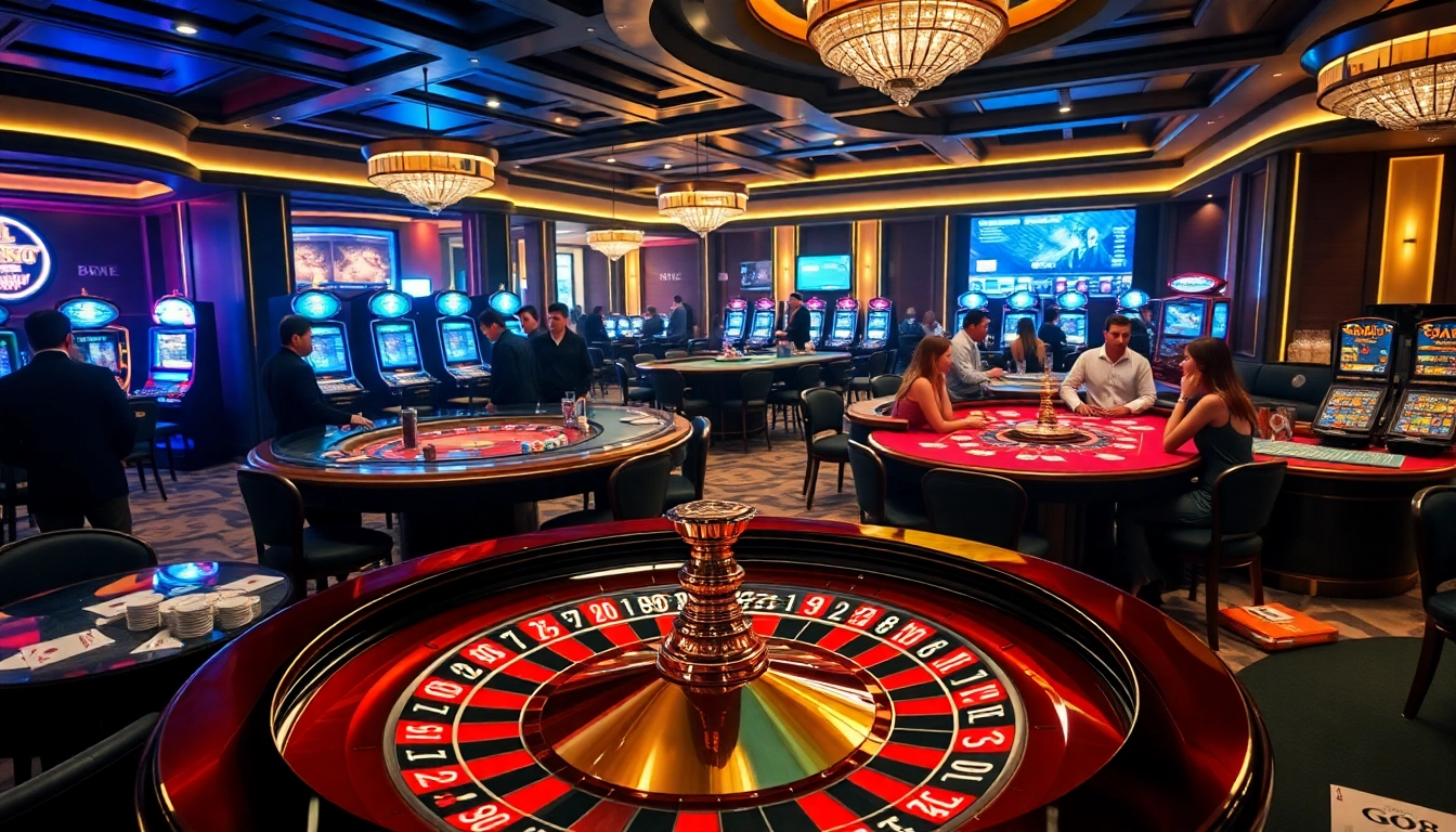 Engaging gamblers at GO8 casino, featuring roulette wheel, poker chips, and vibrant atmosphere.