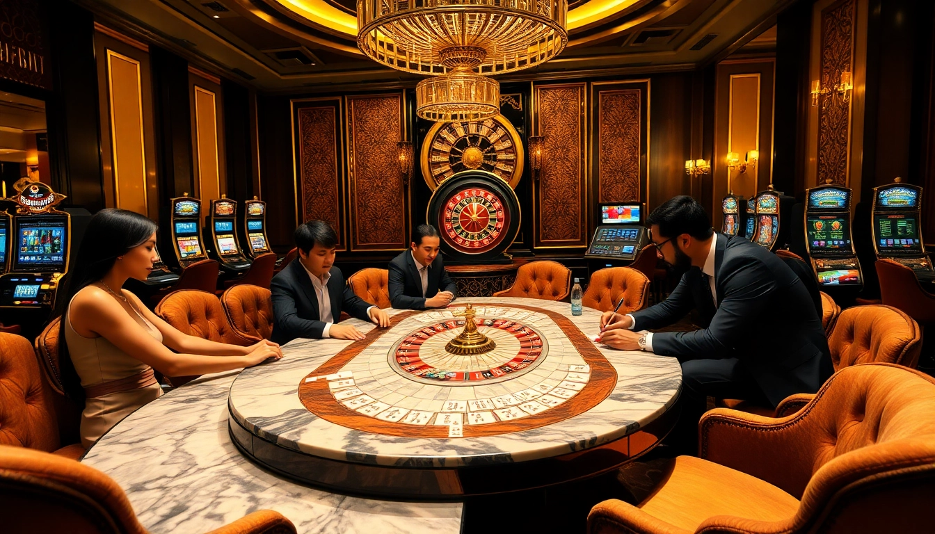 Experience the excitement of MM 88 with vibrant casino games and elegant players at a luxurious gaming table.
