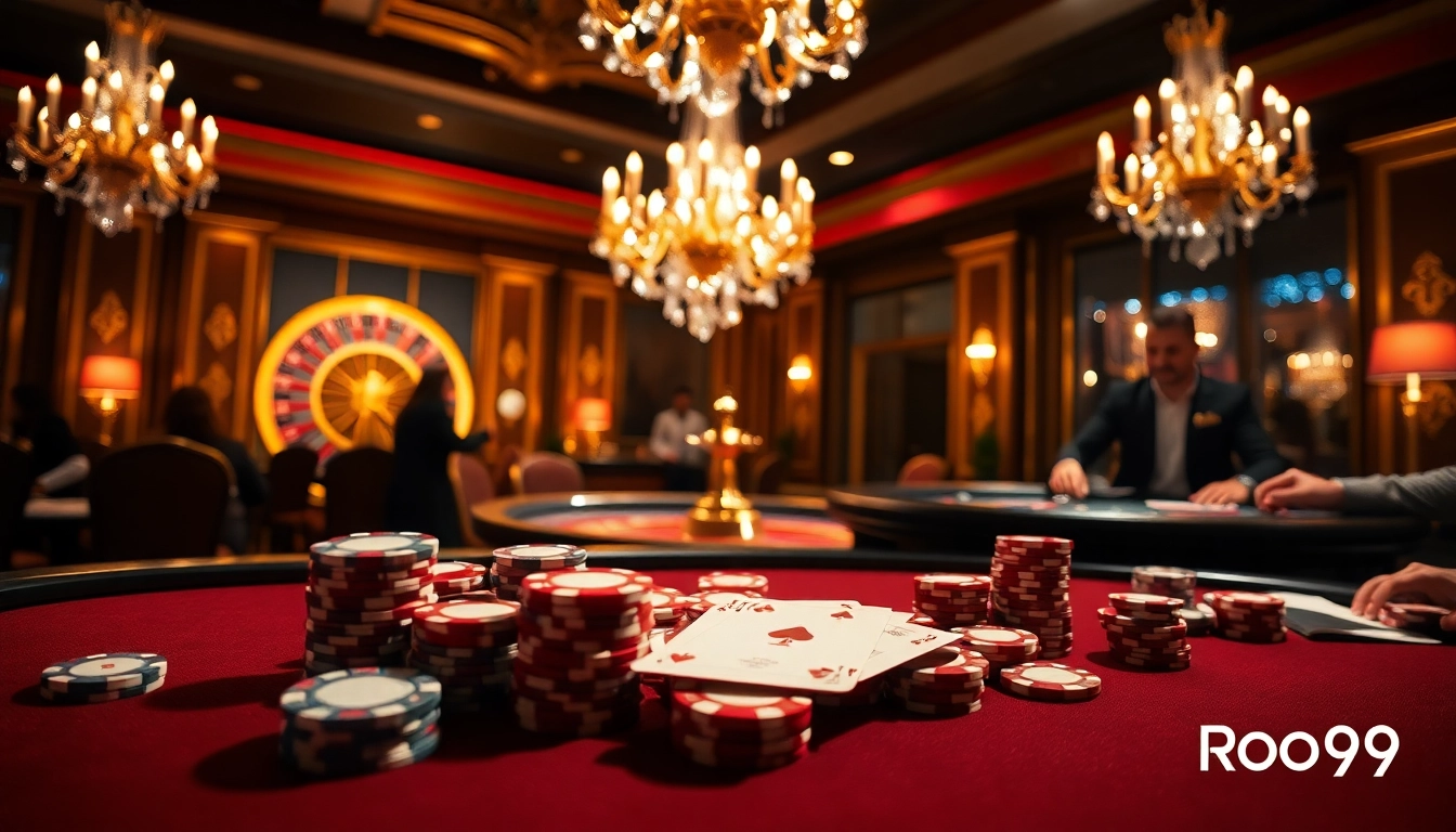 Exciting casino scene featuring Roo99-themed poker chips and cards on a poker table.
