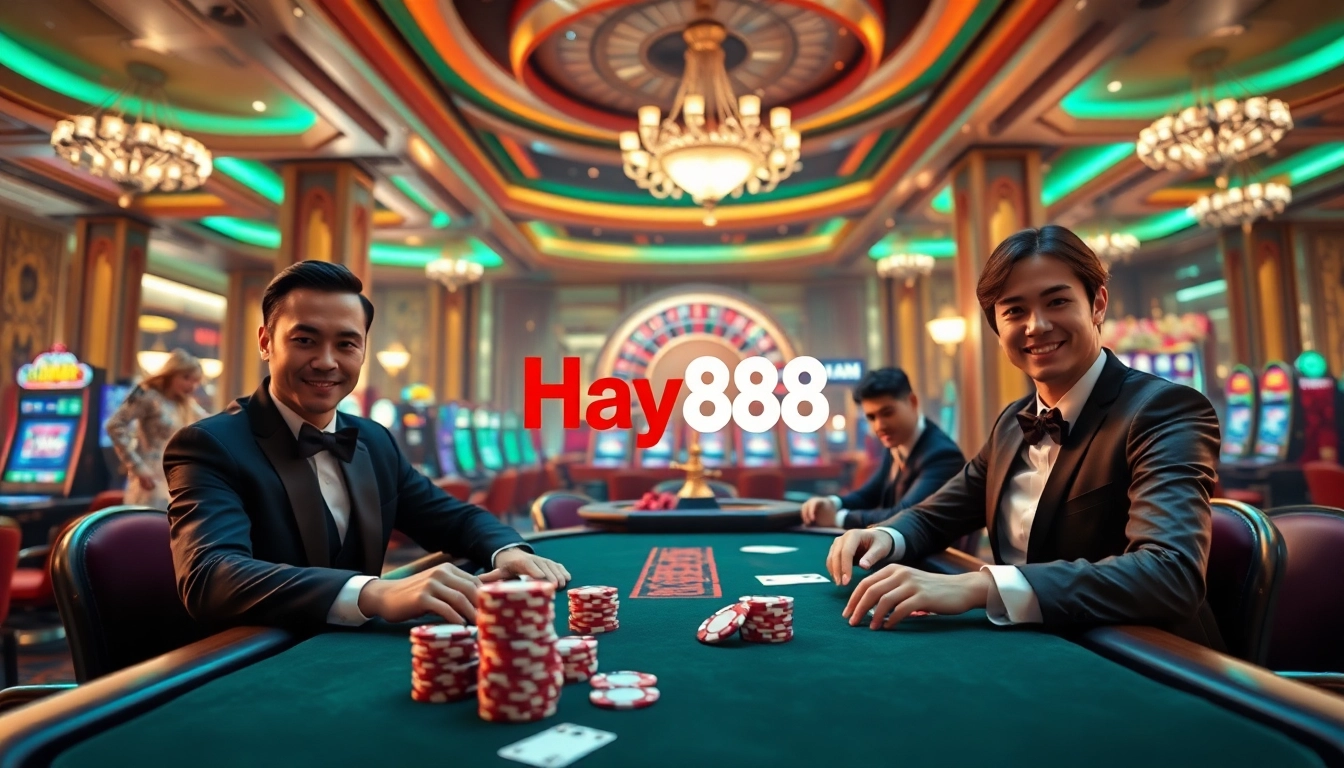 Exciting poker game scene highlighting hay88 with elegant players and luxury casino elements.