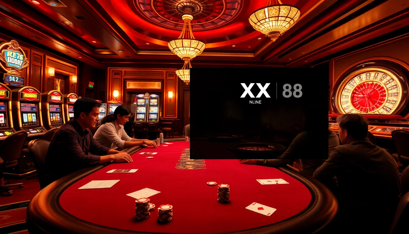 Players engaging at a poker table in a luxurious casino setting with XX 88 branding.