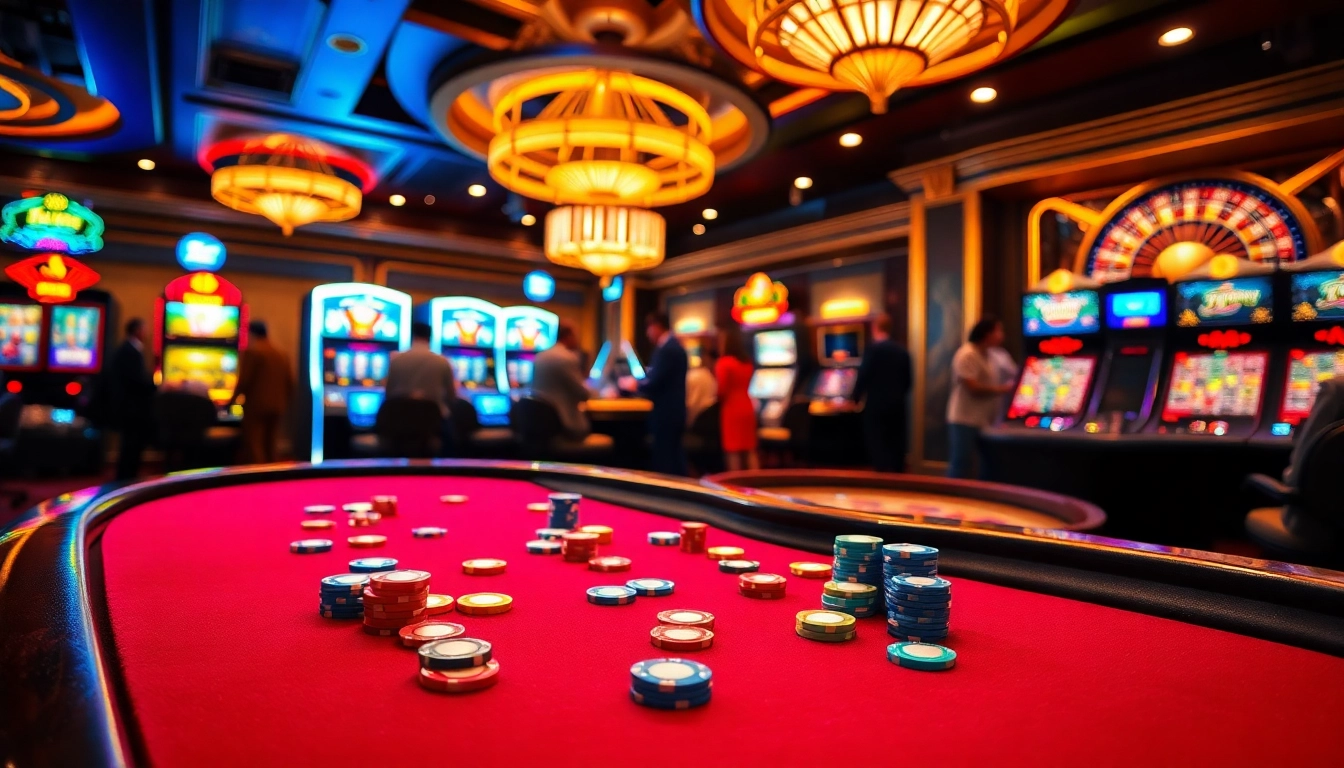 Fly88 gaming table filled with colorful poker chips in a vibrant casino atmosphere.