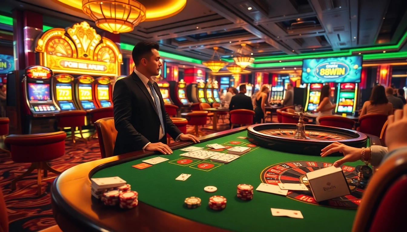 Engaging casino scene with players at tables and online gambling from https://98win.exposed/, featuring vibrant lights and activity
