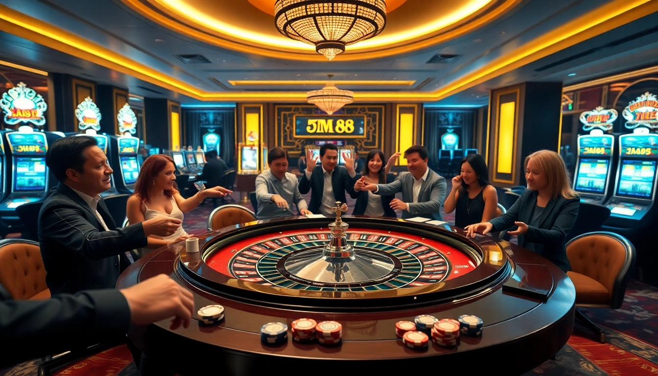 Excited players at MM 88 casino with roulette, cards, and chips in a luxurious setting.
