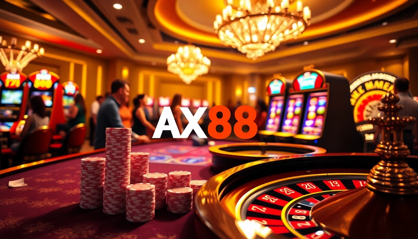 AX88 online casino gaming table with vibrant slot machines and poker chips.