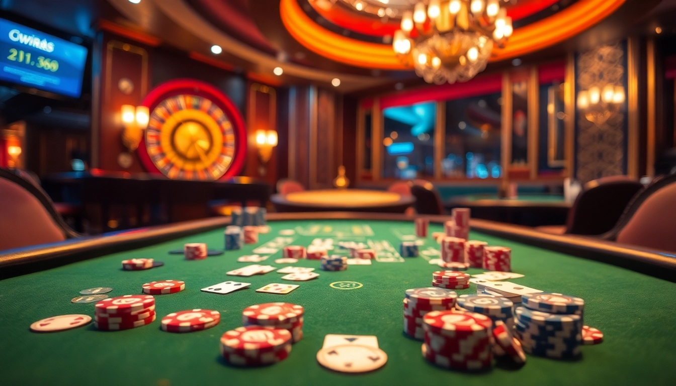 Experience vibrant gambling action at ww88 with poker tables, roulette wheels, and colorful chips.